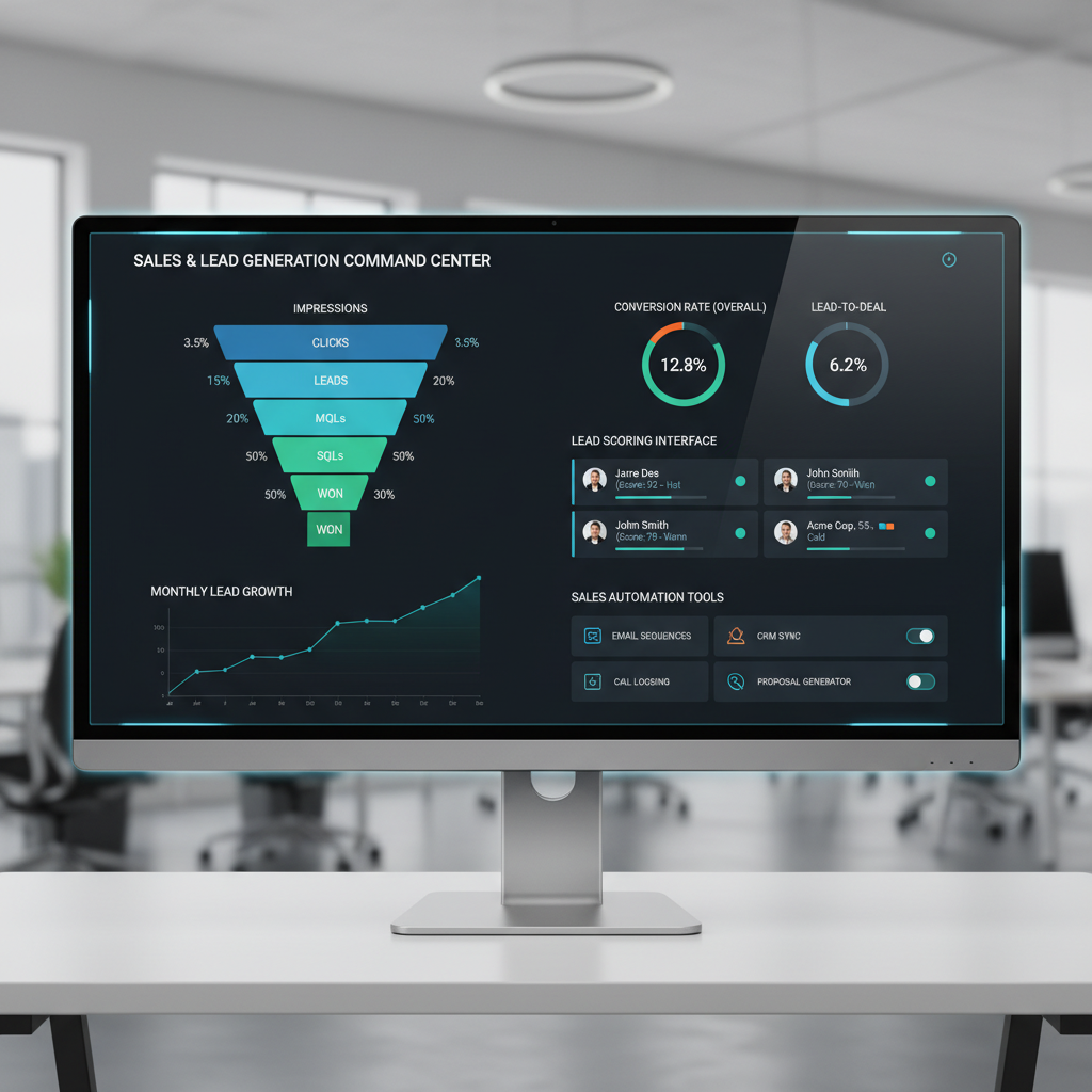 Sales automation dashboard showing lead generation and conversion metrics